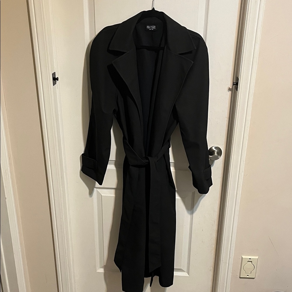 Brunette the Label Long Black Trench Rain Coat with Waist Tie - Women/ - Picture 2 of 10
